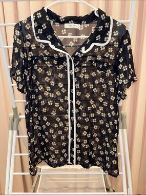 Sheer Navy Floral Button-Up Top with White Piping - XL